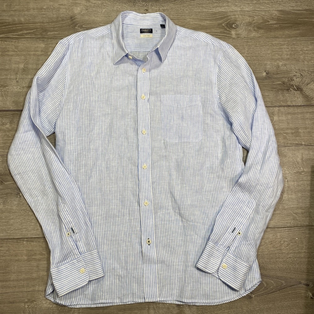 Faherty Reserve Shirt Mens XL Blue White Stripe‎ Pure Linen Button Front